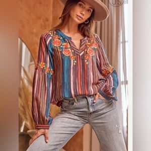 Savanna Jane Jewel Serape Embroidered Multicolor Striped Blouse. Size 1X